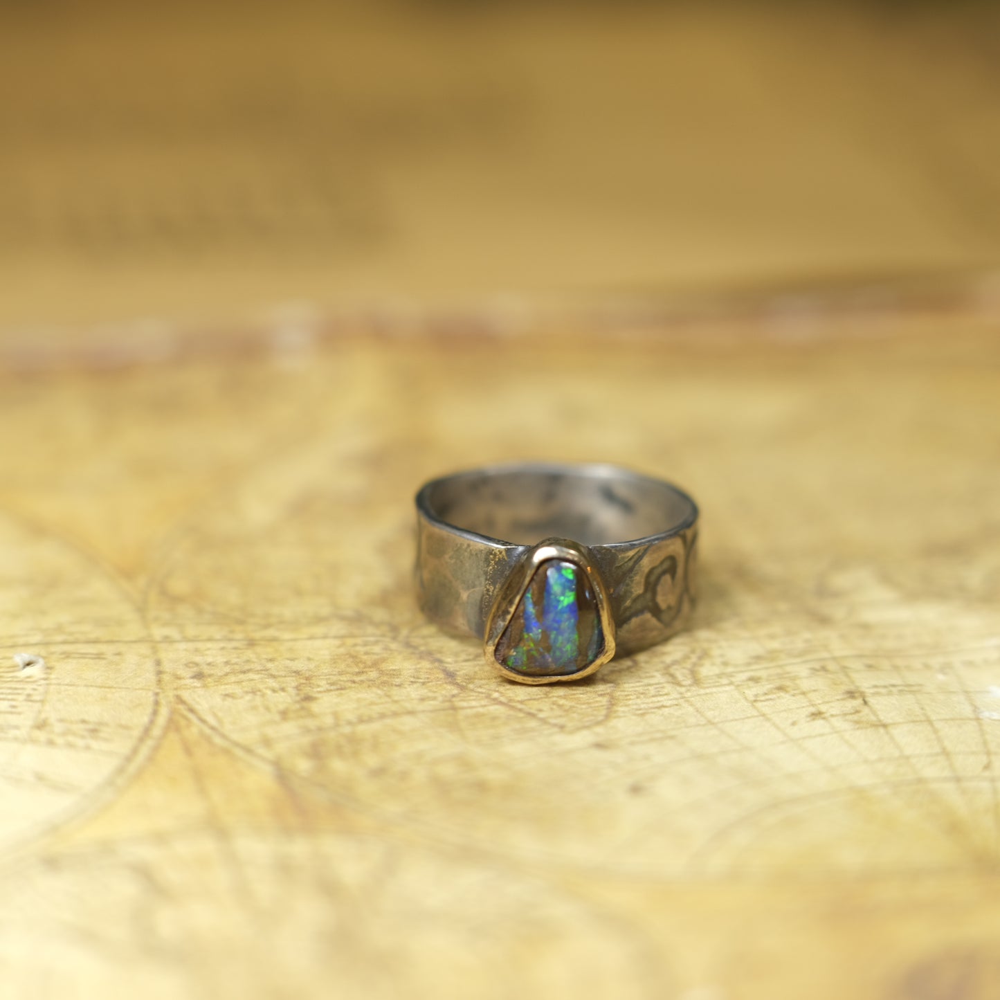 Electric Green And Blue Boulder Opal in Chunky Textured Gold and Silver Ring ~  Band US Size 9