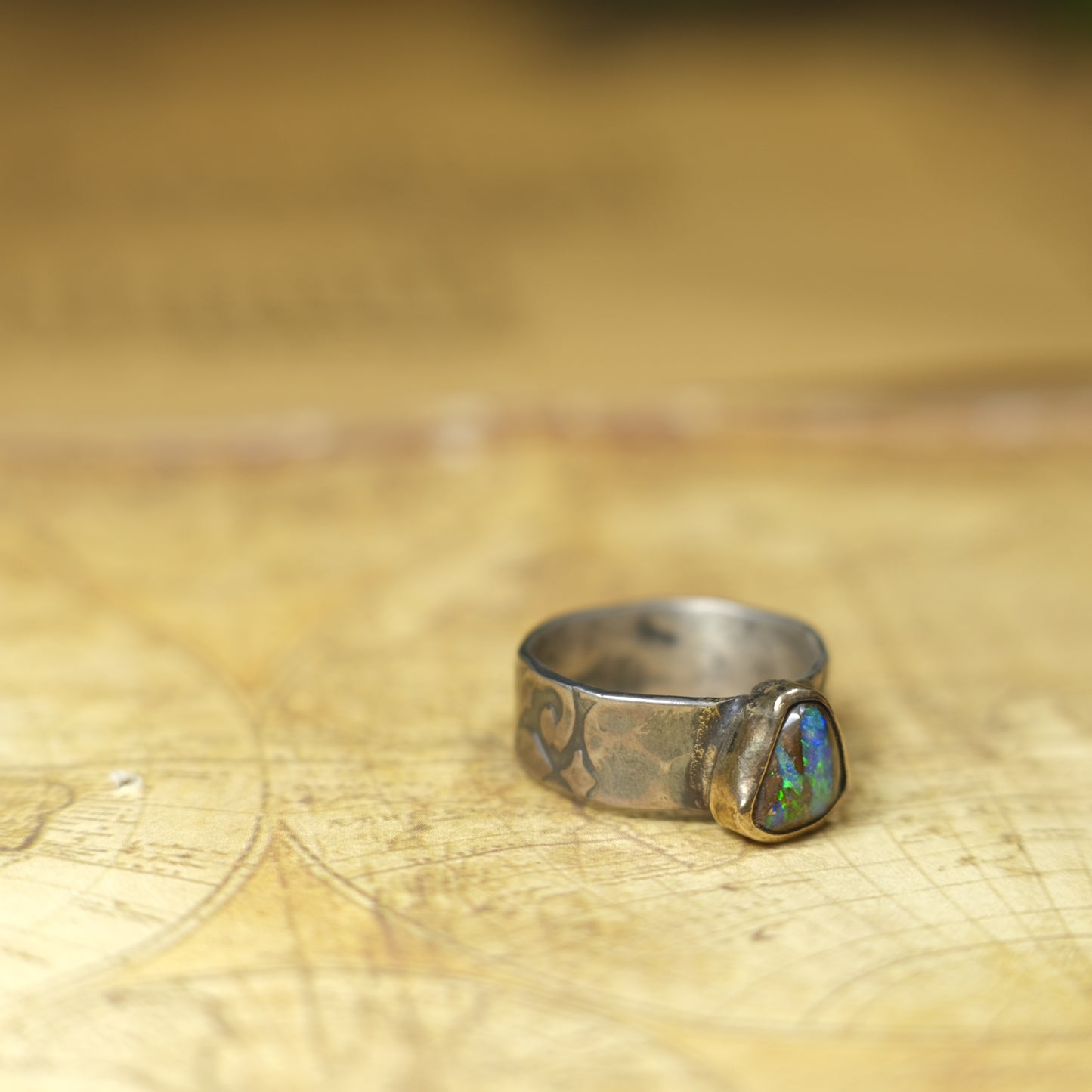 Electric Green And Blue Boulder Opal in Chunky Textured Gold and Silver Ring ~  Band US Size 9