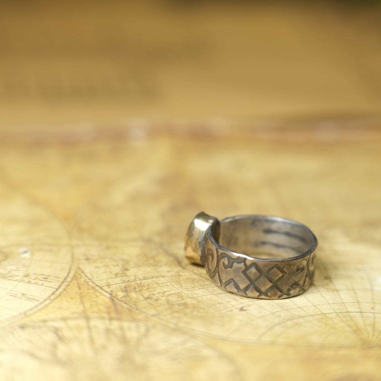 Electric Green And Blue Boulder Opal in Chunky Textured Gold and Silver Ring ~  Band US Size 9