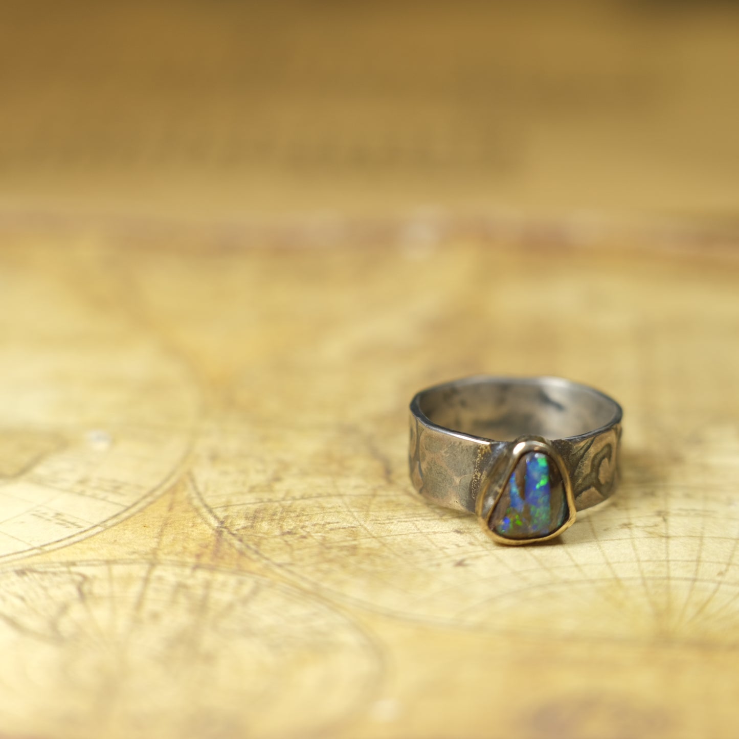 Electric Green And Blue Boulder Opal in Chunky Textured Gold and Silver Ring ~  Band US Size 9