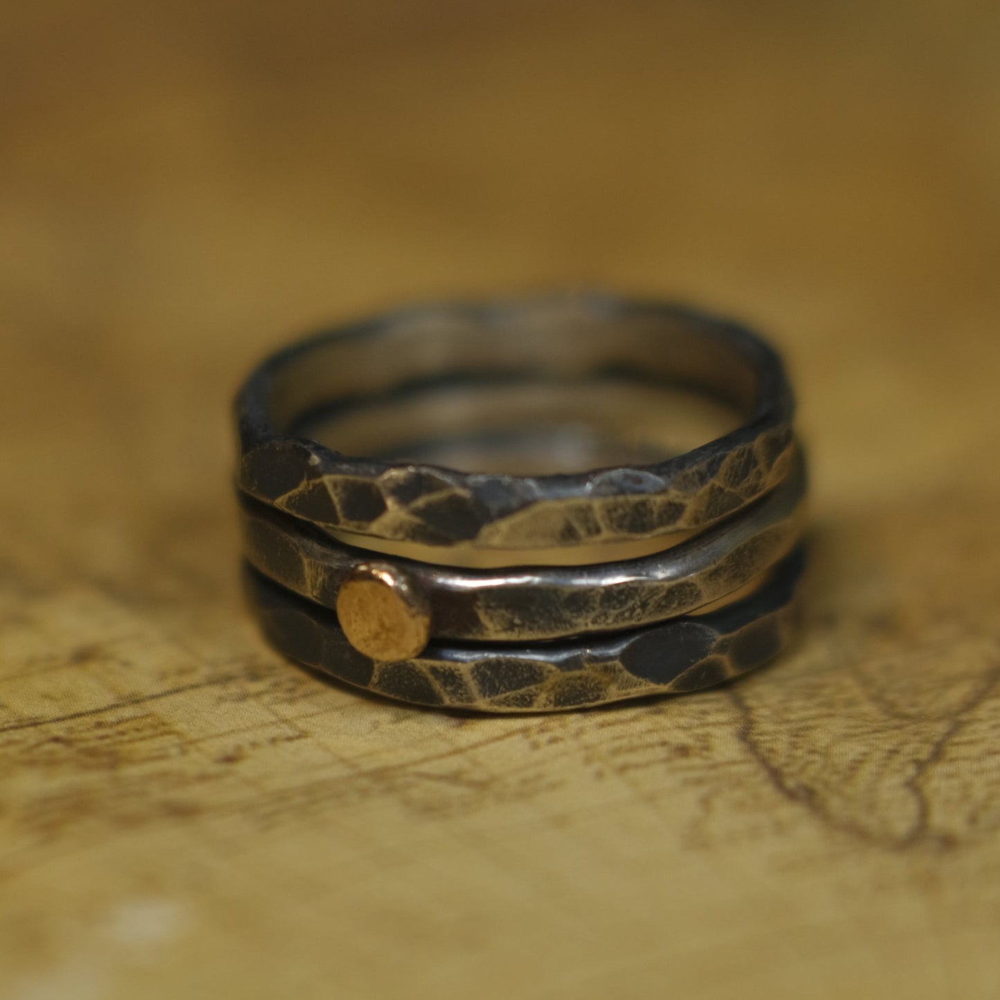 Handcrafted Hammered Sterling Silver Stacking Rings with 9ct Gold Detail Set of 3 made to size