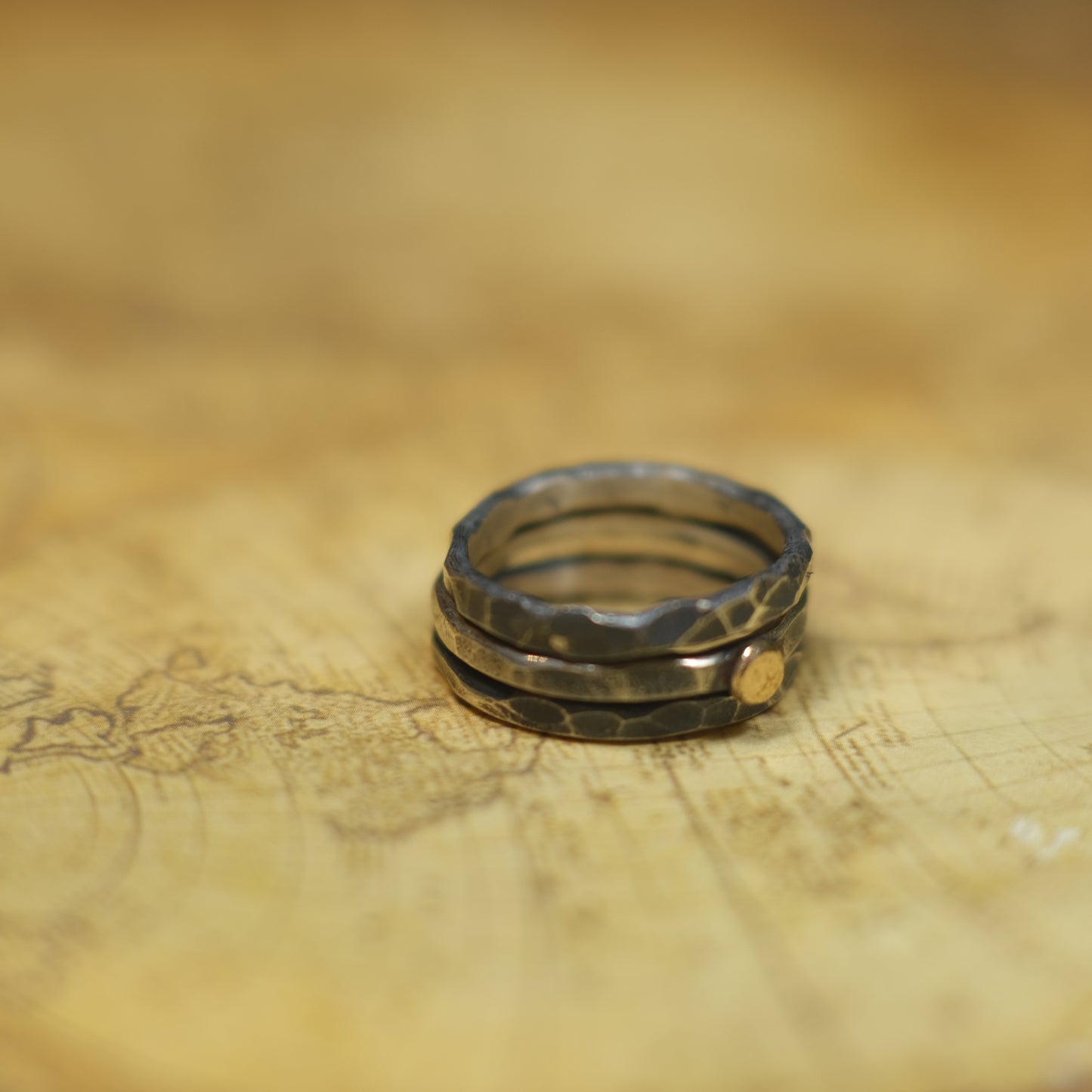 Handcrafted Hammered Sterling Silver Stacking Rings with 9ct Gold Detail Set of 3 made to size