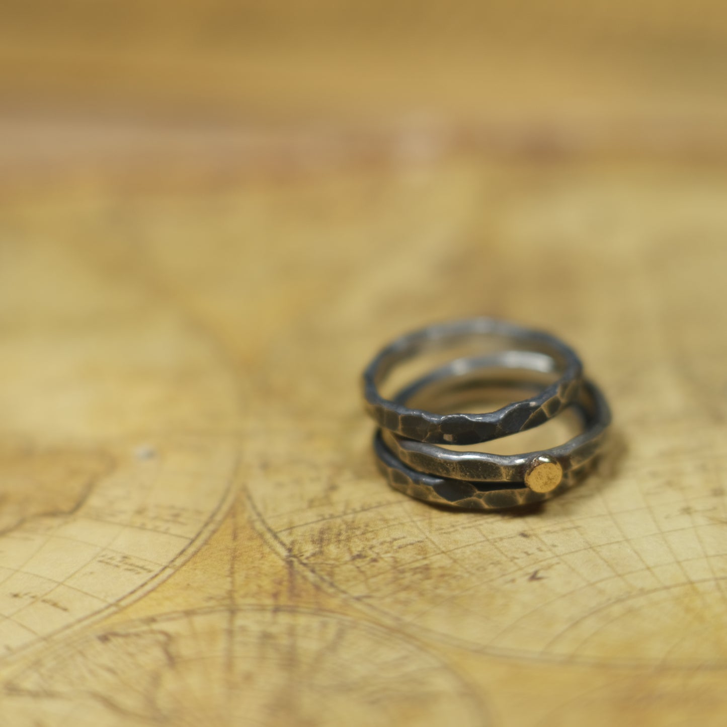 Handcrafted Hammered Sterling Silver Stacking Rings with 9ct Gold Detail Set of 3 made to size