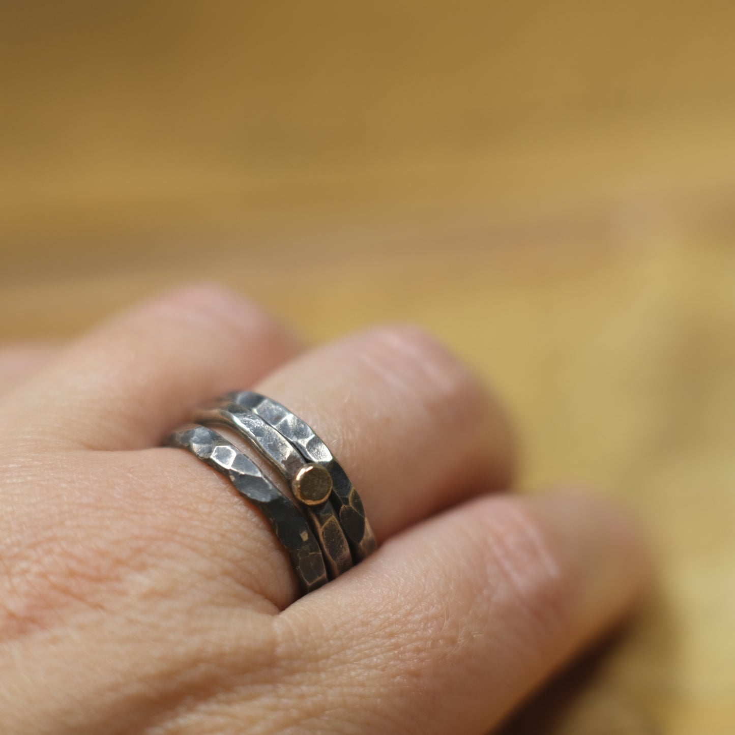 Handcrafted Hammered Sterling Silver Stacking Rings with 9ct Gold Detail Set of 3 made to size