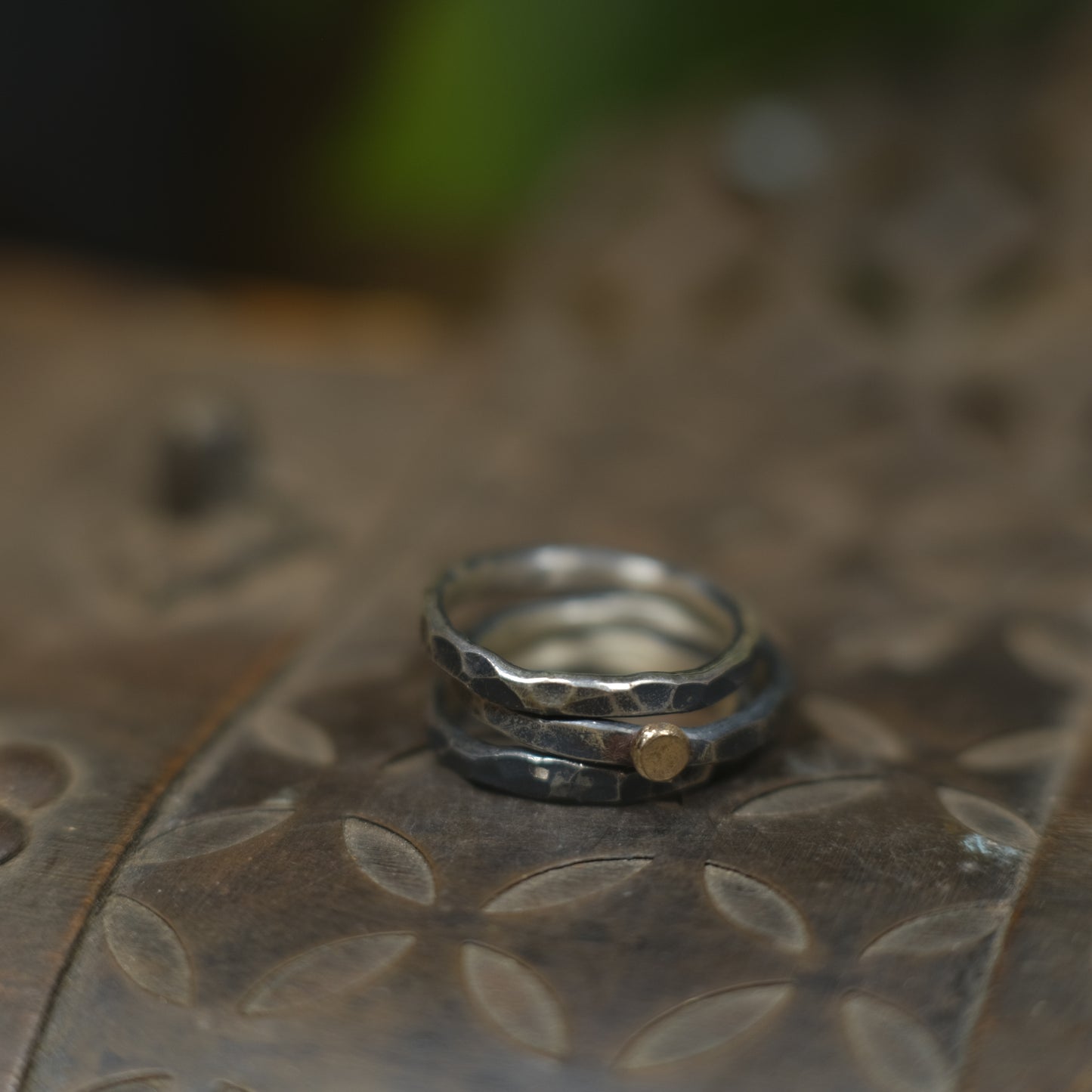 Handcrafted Hammered Sterling Silver Stacking Rings with 9ct Gold Detail Set of 3 made to size