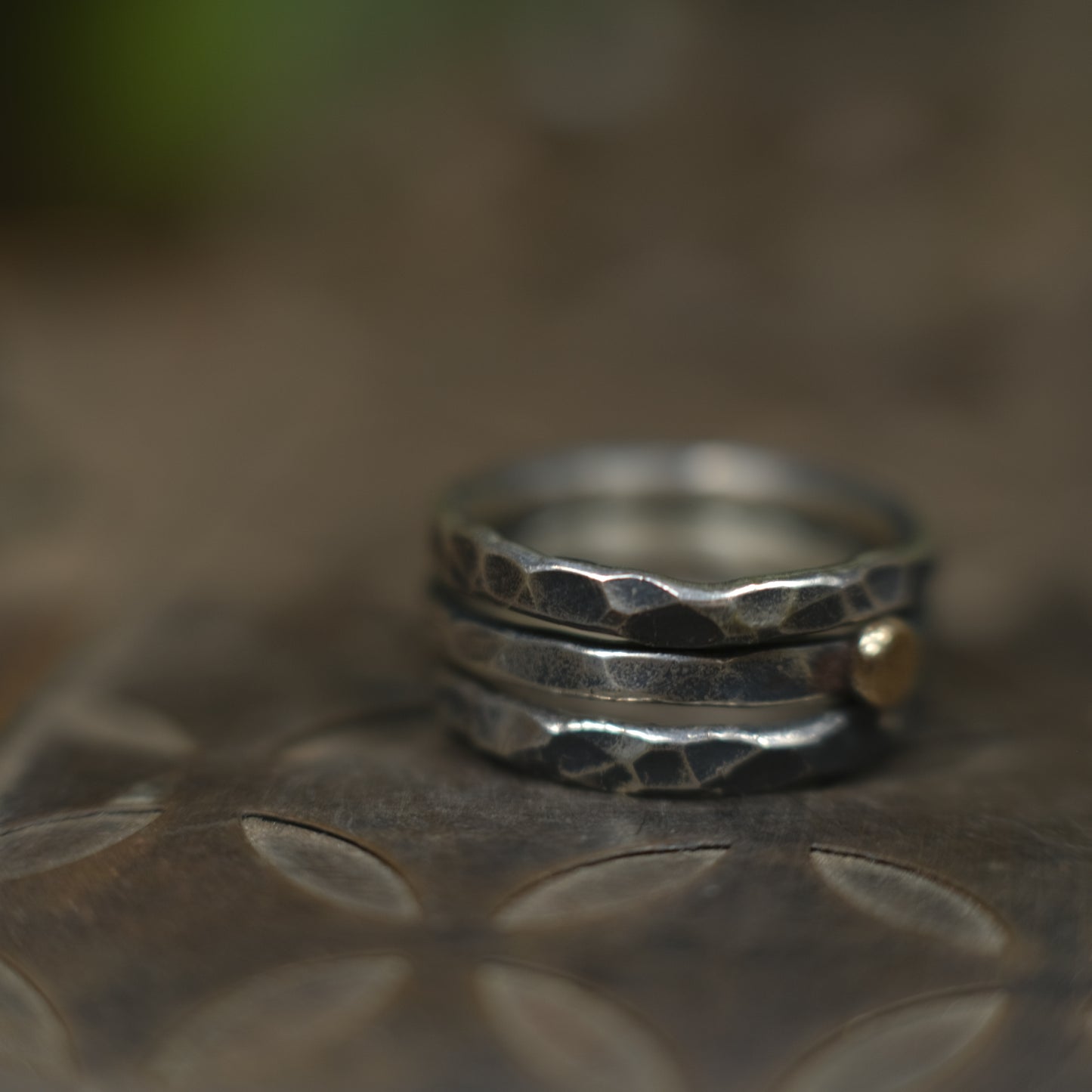Handcrafted Hammered Sterling Silver Stacking Rings with 9ct Gold Detail Set of 3 made to size