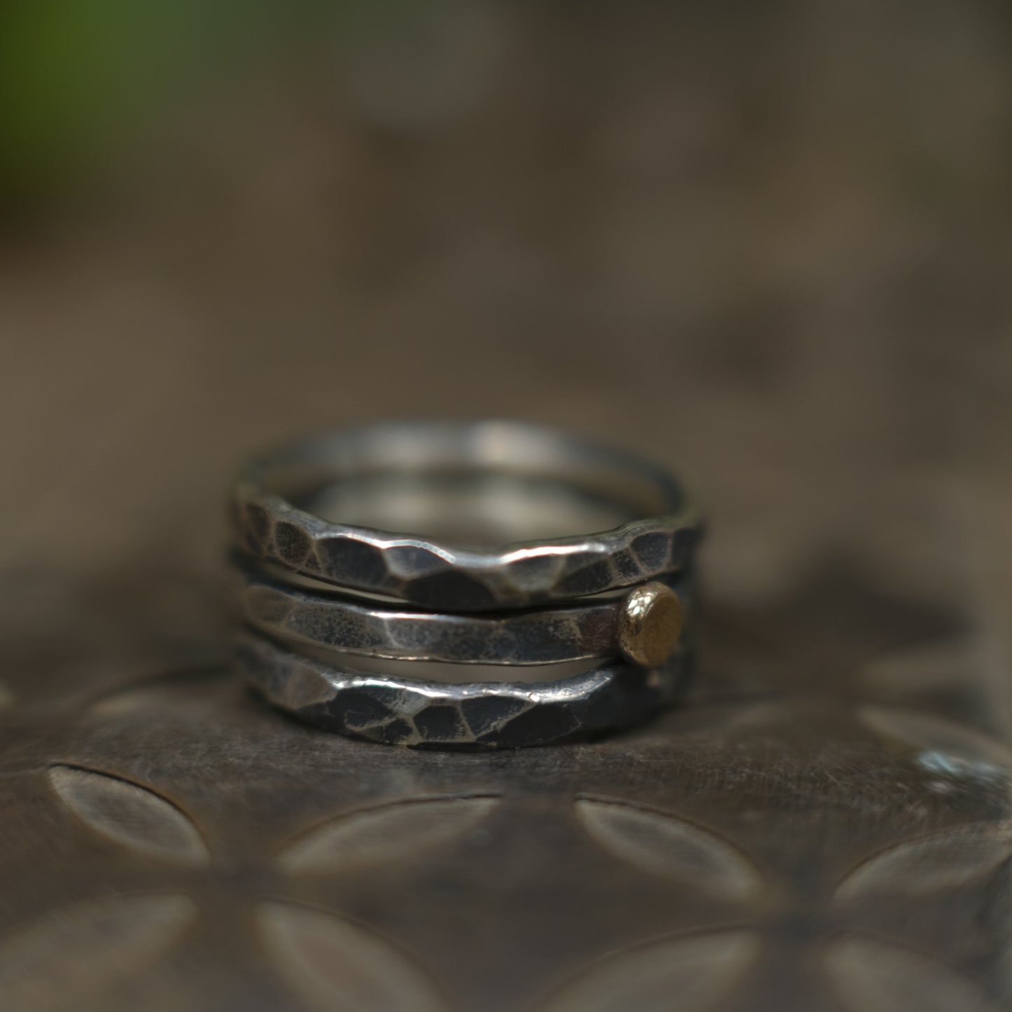 Handcrafted Hammered Sterling Silver Stacking Rings with 9ct Gold Detail Set of 3 made to size