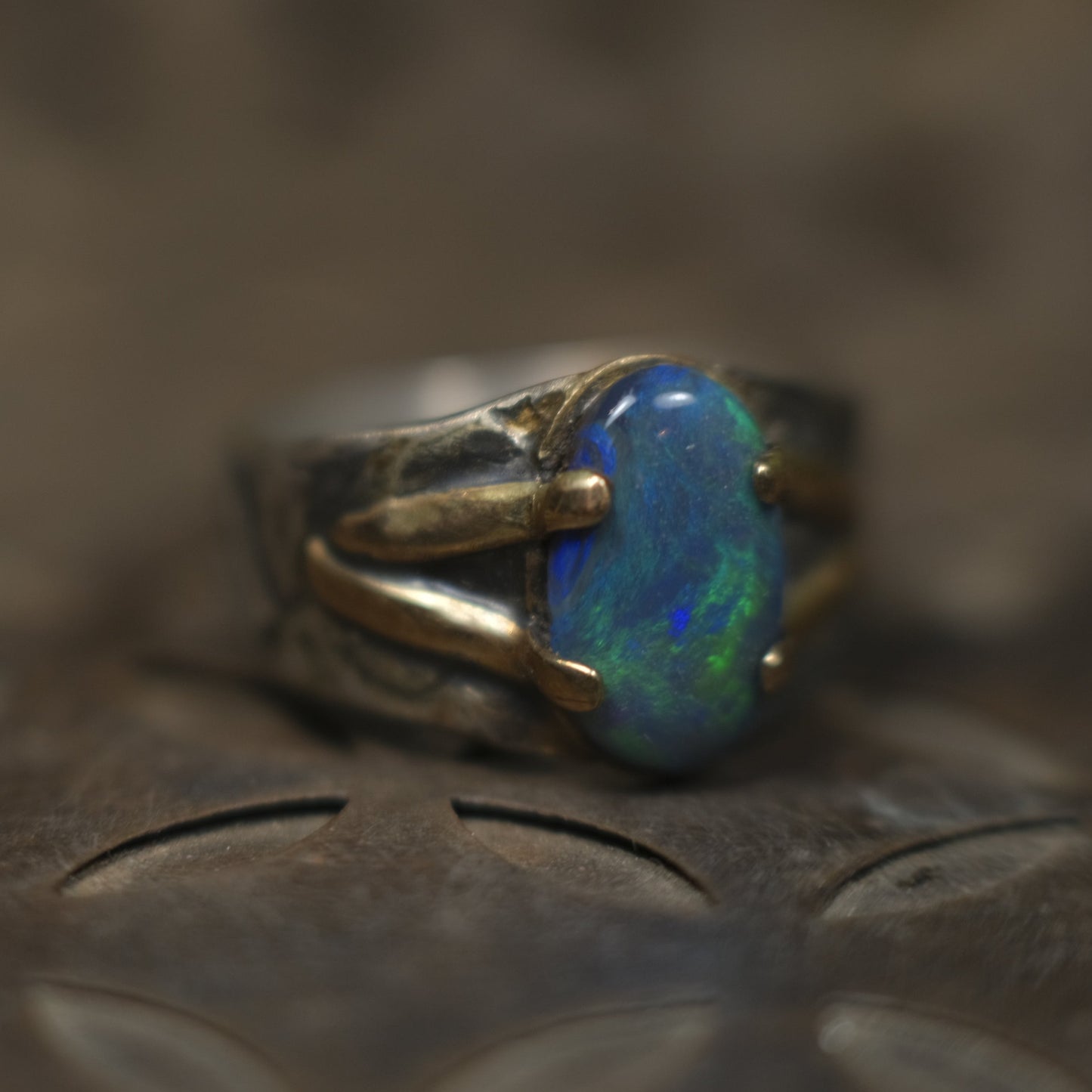 Solid Lightning Ridge Opal in Textured Silver Ring with Gold Embellishments ~ Bohemian Pirate Style / Band US Size 9.75