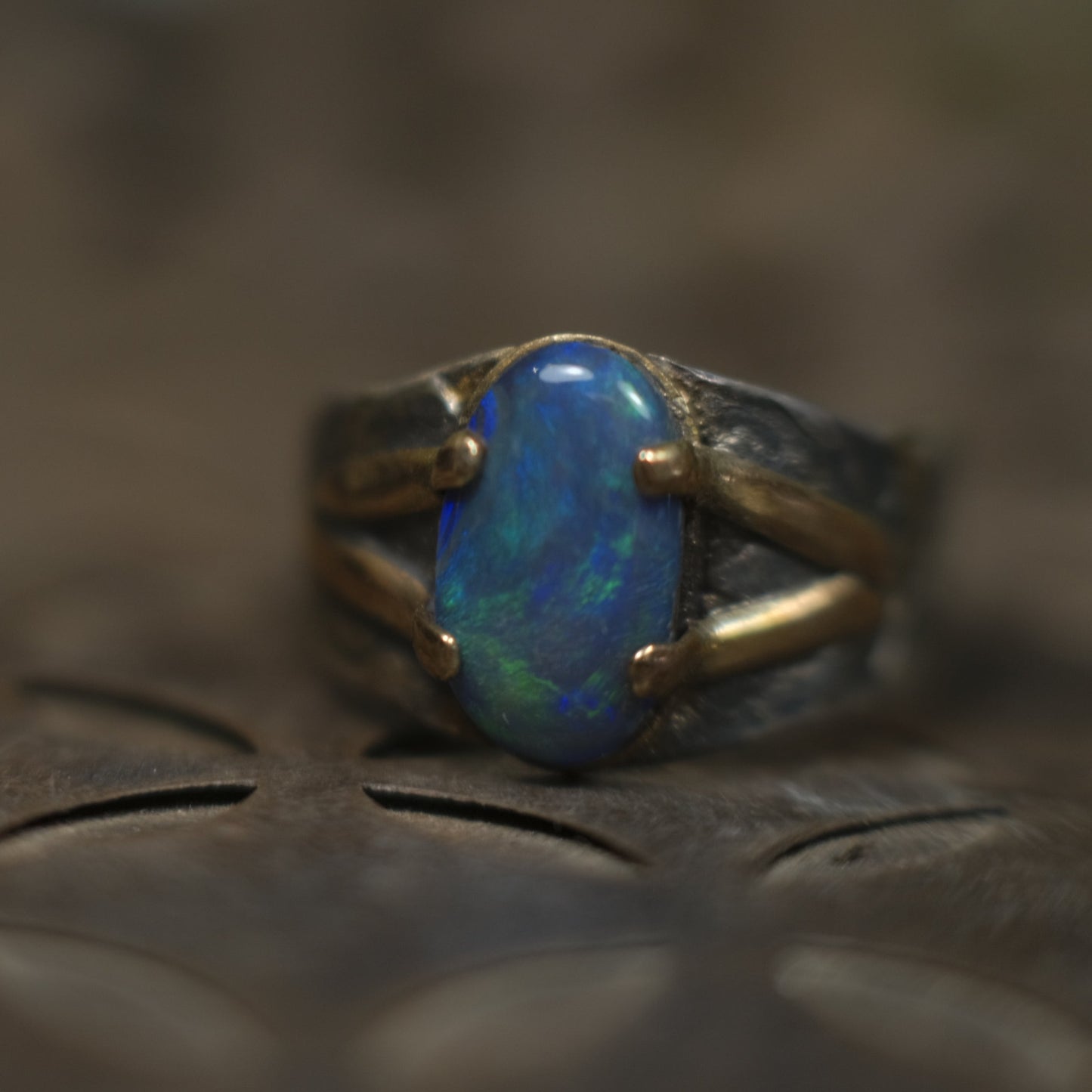Solid Lightning Ridge Opal in Textured Silver Ring with Gold Embellishments ~ Bohemian Pirate Style / Band US Size 9.75