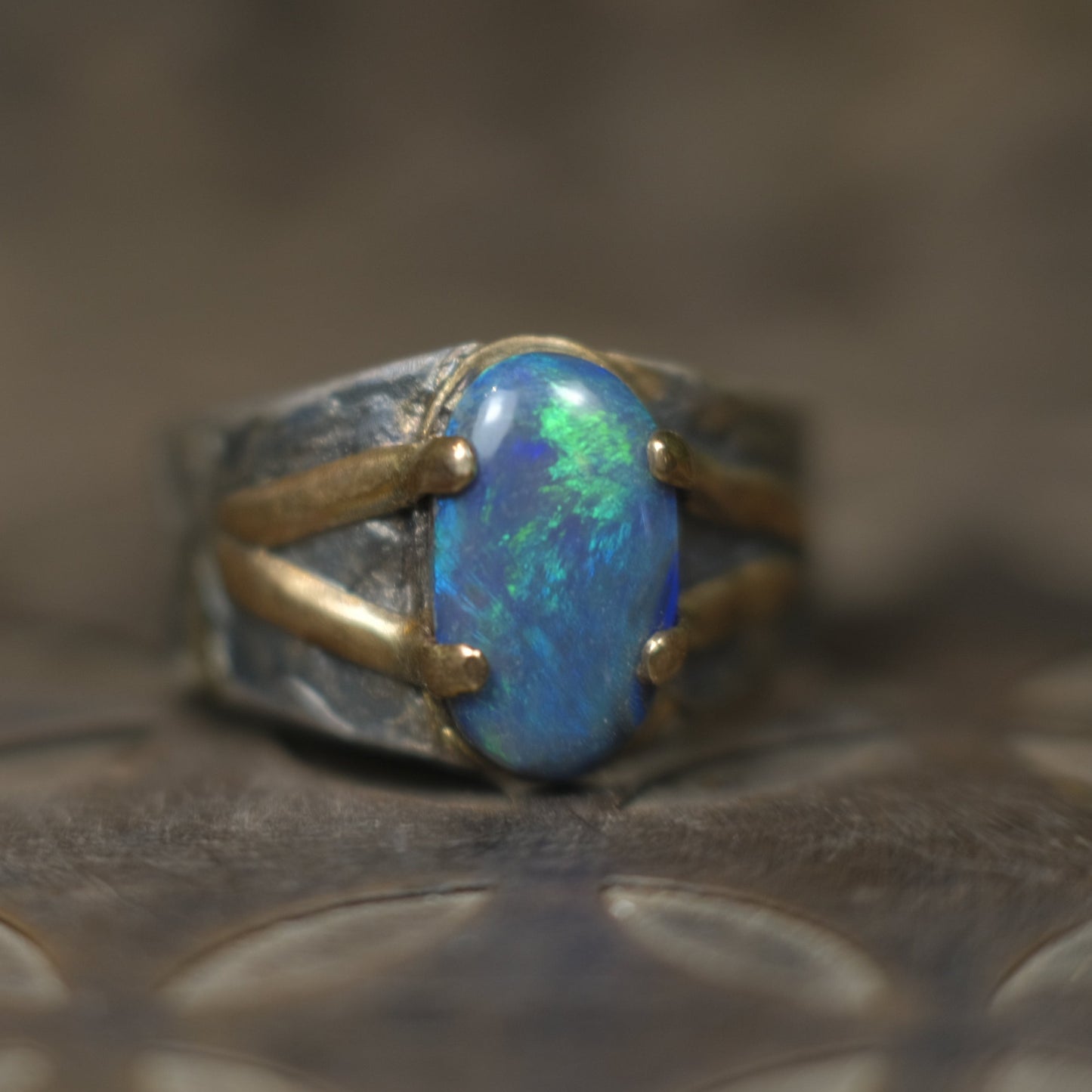 Solid Lightning Ridge Opal in Textured Silver Ring with Gold Embellishments ~ Bohemian Pirate Style / Band US Size 9.75