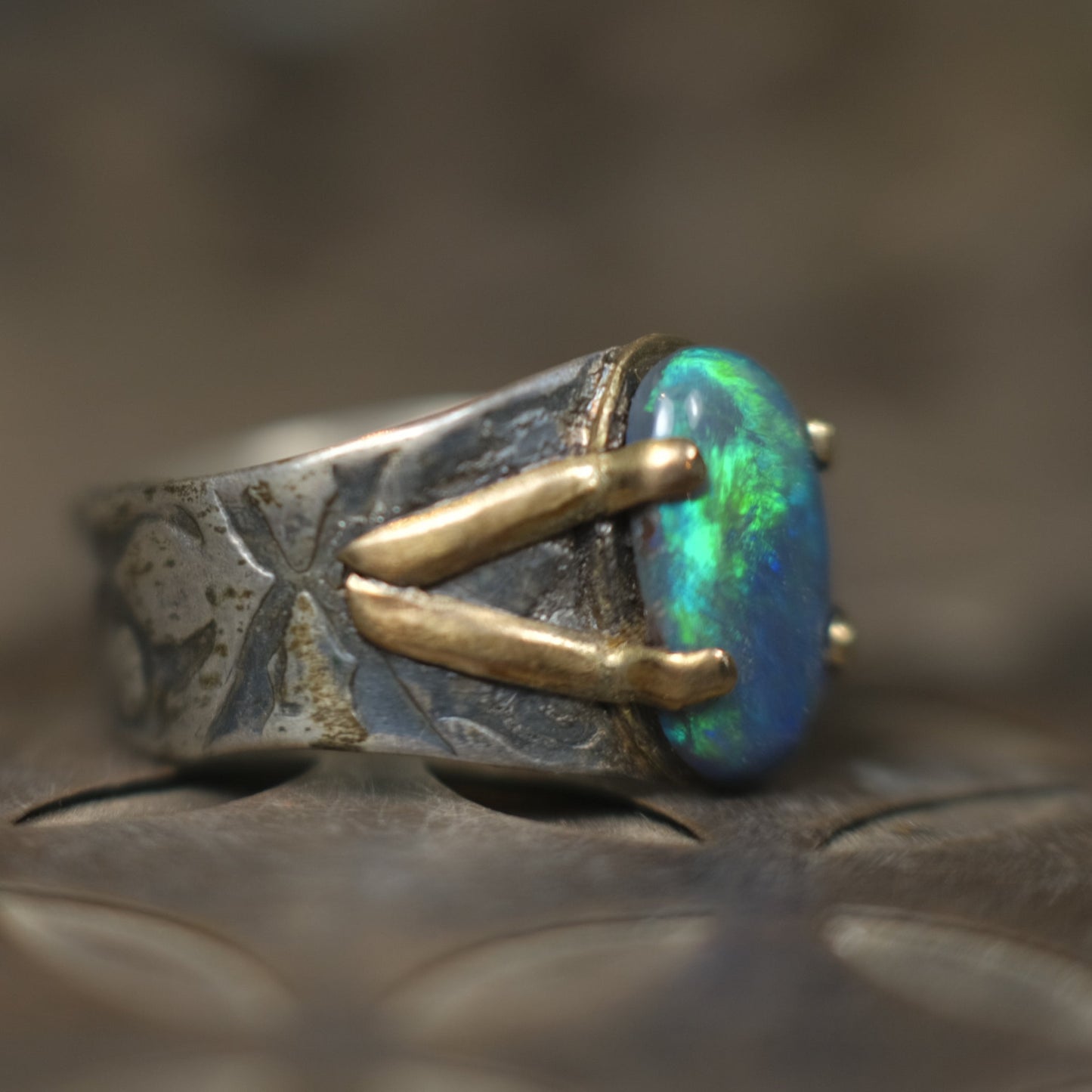 Solid Lightning Ridge Opal in Textured Silver Ring with Gold Embellishments ~ Bohemian Pirate Style / Band US Size 9.75