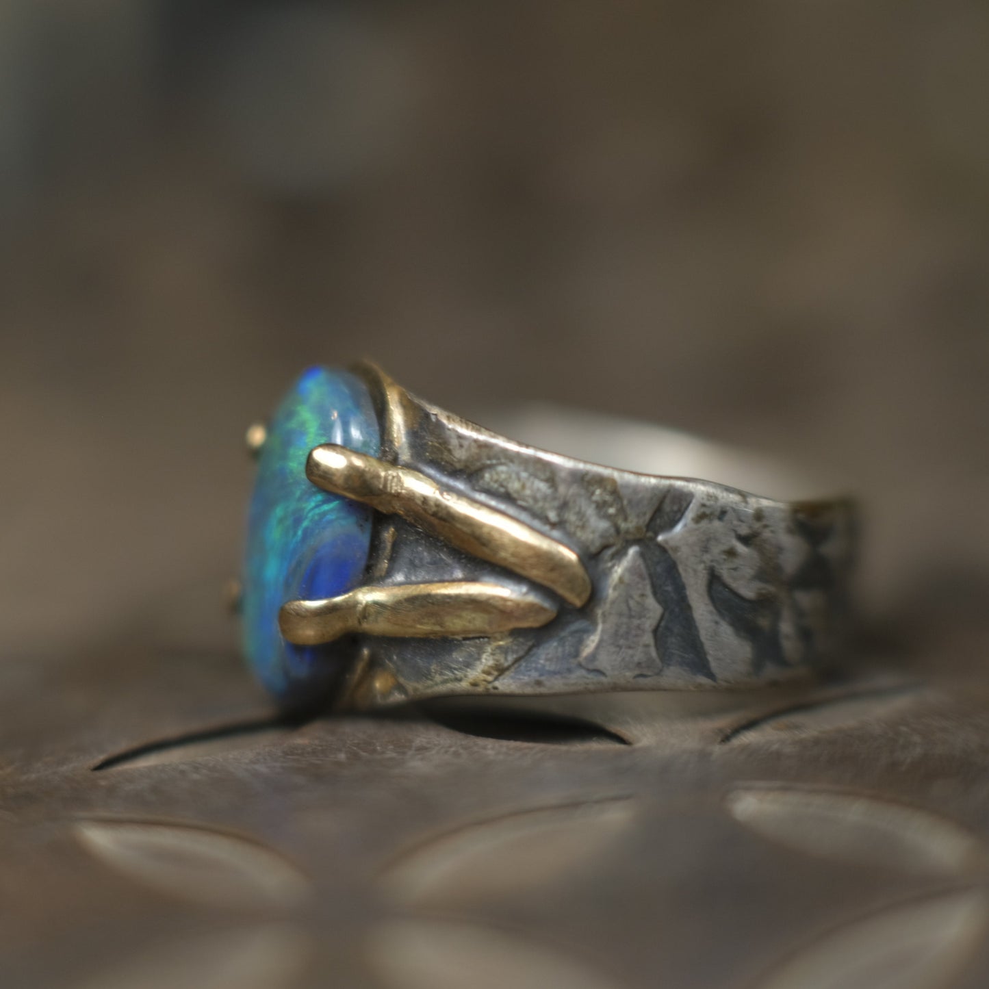 Solid Lightning Ridge Opal in Textured Silver Ring with Gold Embellishments ~ Bohemian Pirate Style / Band US Size 9.75