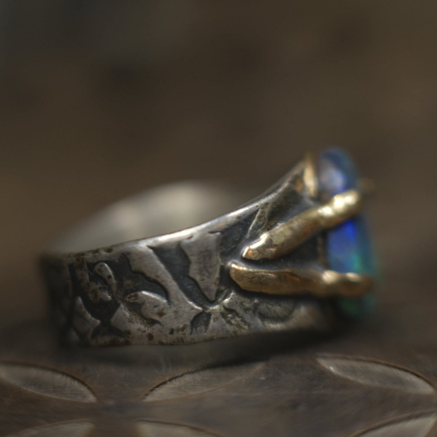 Solid Lightning Ridge Opal in Textured Silver Ring with Gold Embellishments ~ Bohemian Pirate Style / Band US Size 9.75