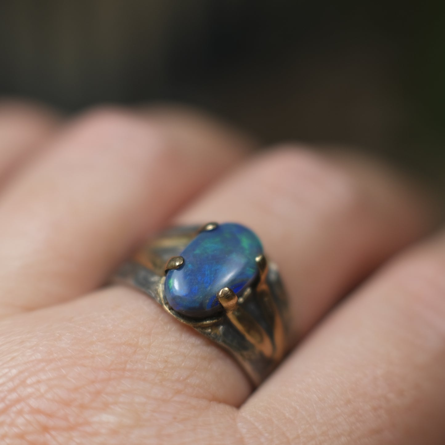 Solid Lightning Ridge Opal in Textured Silver Ring with Gold Embellishments ~ Bohemian Pirate Style / Band US Size 9.75