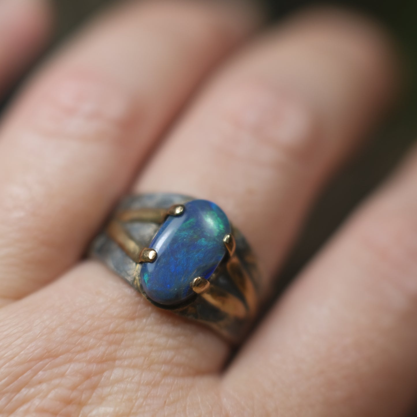 Solid Lightning Ridge Opal in Textured Silver Ring with Gold Embellishments ~ Bohemian Pirate Style / Band US Size 9.75