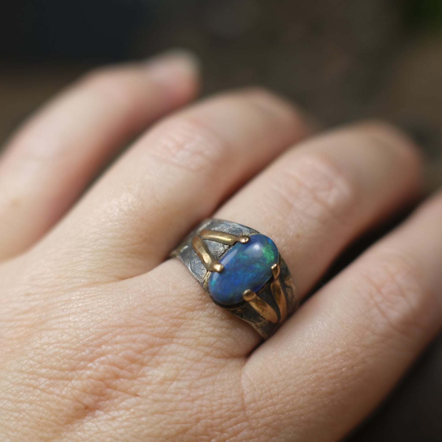 Solid Lightning Ridge Opal in Textured Silver Ring with Gold Embellishments ~ Bohemian Pirate Style / Band US Size 9.75