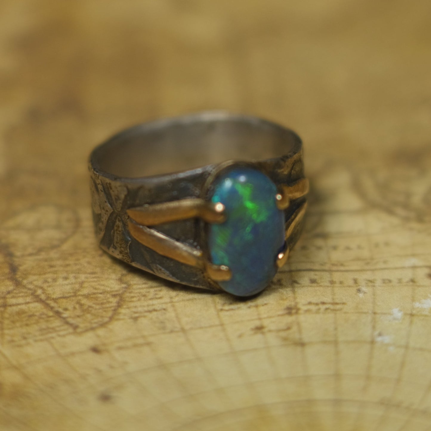 Solid Lightning Ridge Opal in Textured Silver Ring with Gold Embellishments ~ Bohemian Pirate Style / Band US Size 9.75