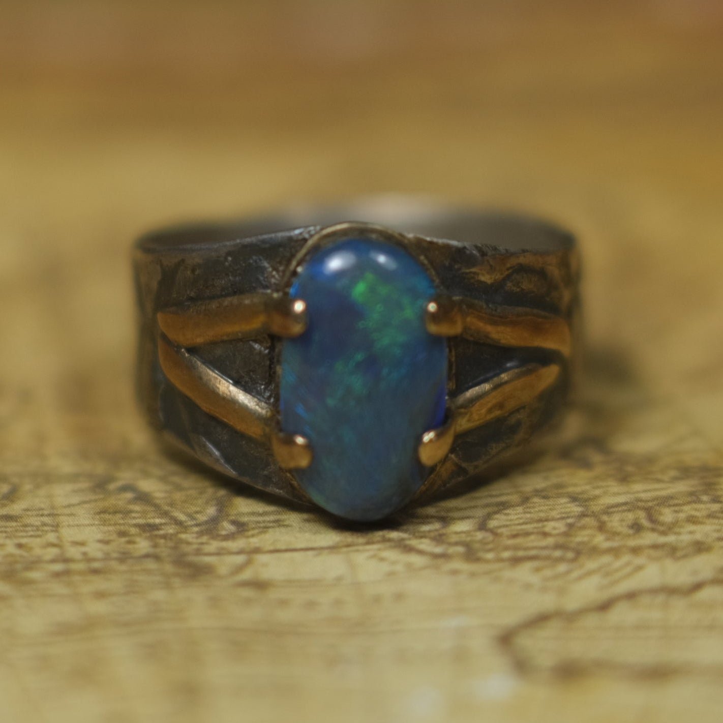 Solid Lightning Ridge Opal in Textured Silver Ring with Gold Embellishments ~ Bohemian Pirate Style / Band US Size 9.75