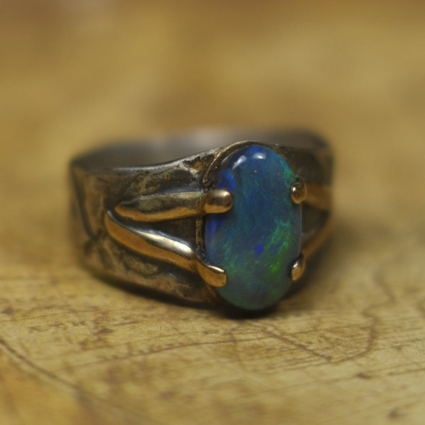 Solid Lightning Ridge Opal in Textured Silver Ring with Gold Embellishments ~ Bohemian Pirate Style / Band US Size 9.75