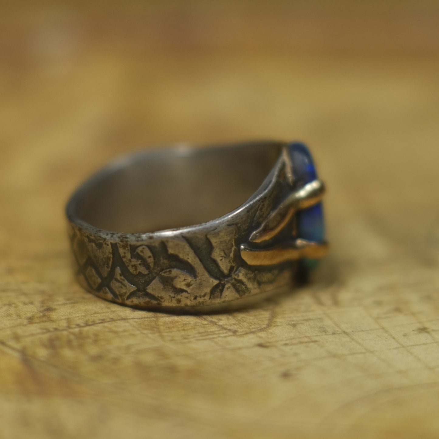 Solid Lightning Ridge Opal in Textured Silver Ring with Gold Embellishments ~ Bohemian Pirate Style / Band US Size 9.75