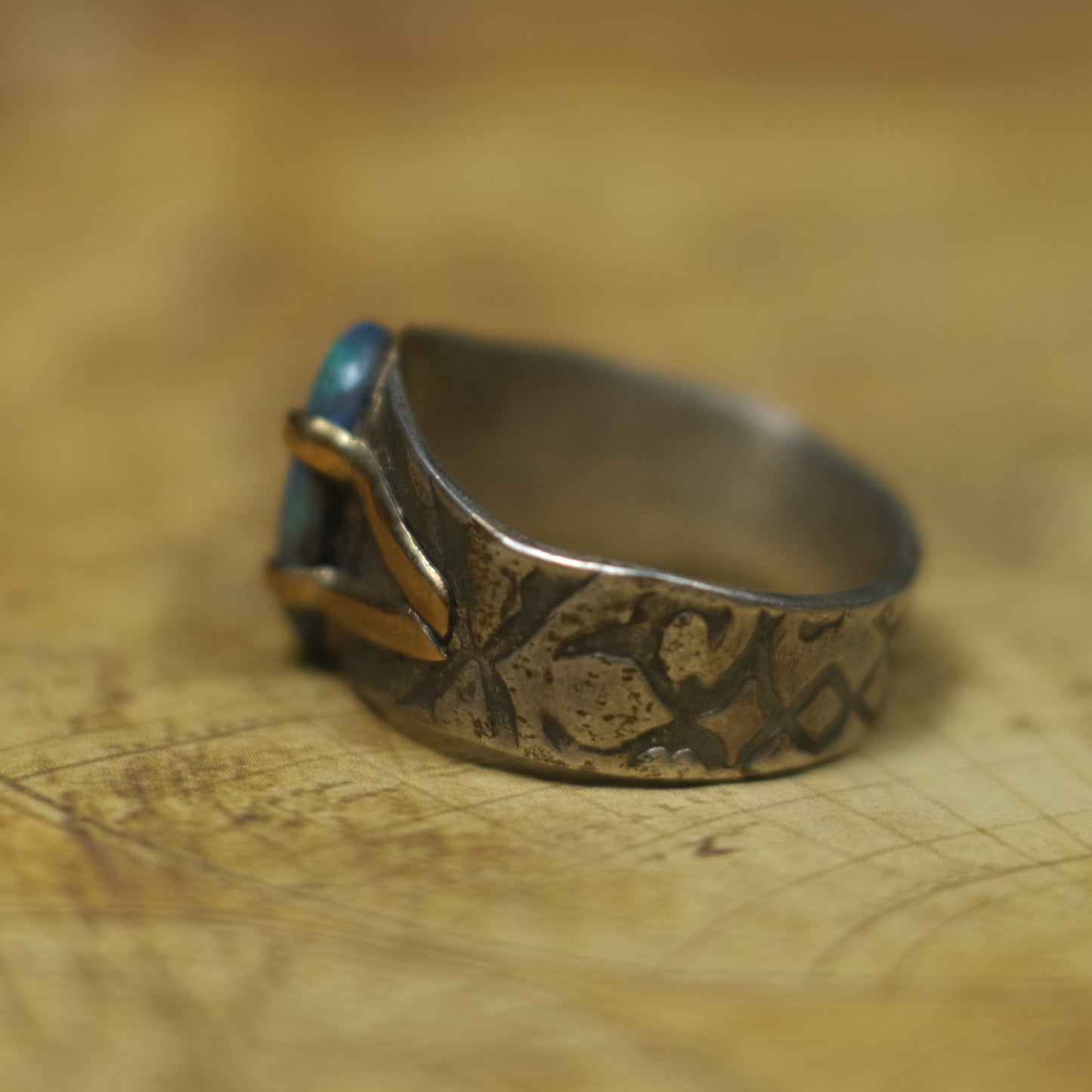 Solid Lightning Ridge Opal in Textured Silver Ring with Gold Embellishments ~ Bohemian Pirate Style / Band US Size 9.75