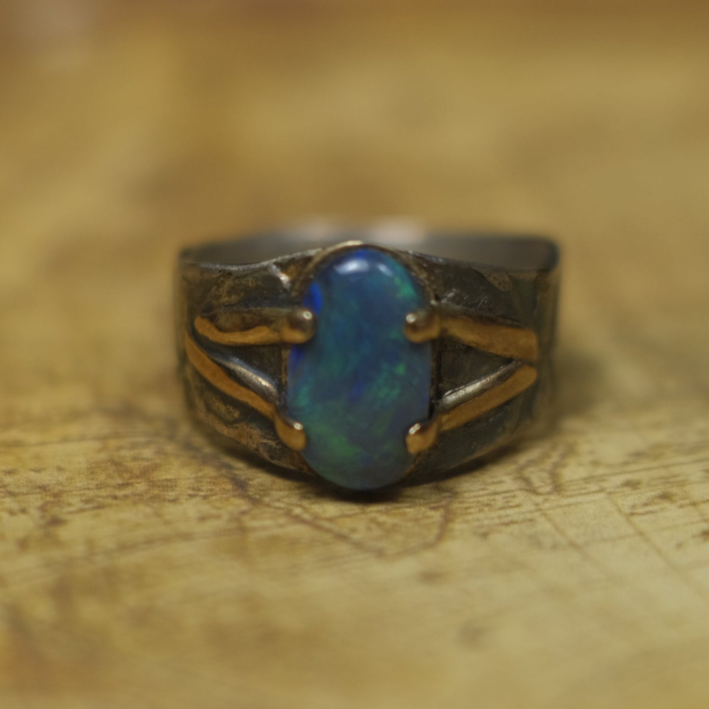Solid Lightning Ridge Opal in Textured Silver Ring with Gold Embellishments ~ Bohemian Pirate Style / Band US Size 9.75