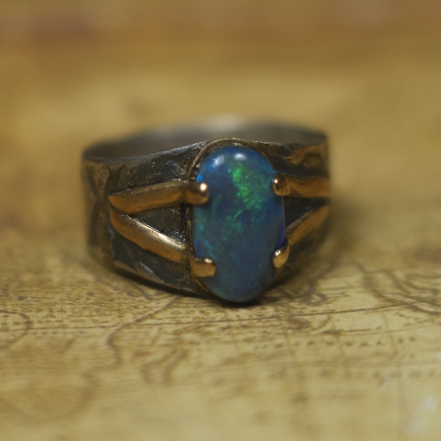 Solid Lightning Ridge Opal in Textured Silver Ring with Gold Embellishments ~ Bohemian Pirate Style / Band US Size 9.75