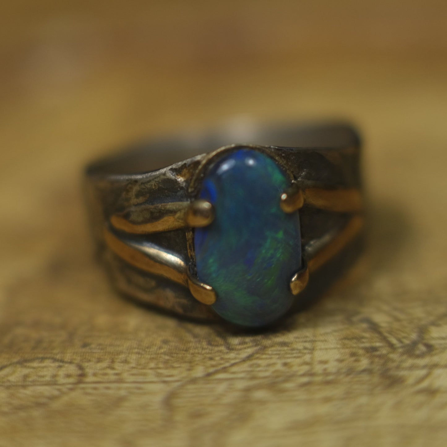 Solid Lightning Ridge Opal in Textured Silver Ring with Gold Embellishments ~ Bohemian Pirate Style / Band US Size 9.75