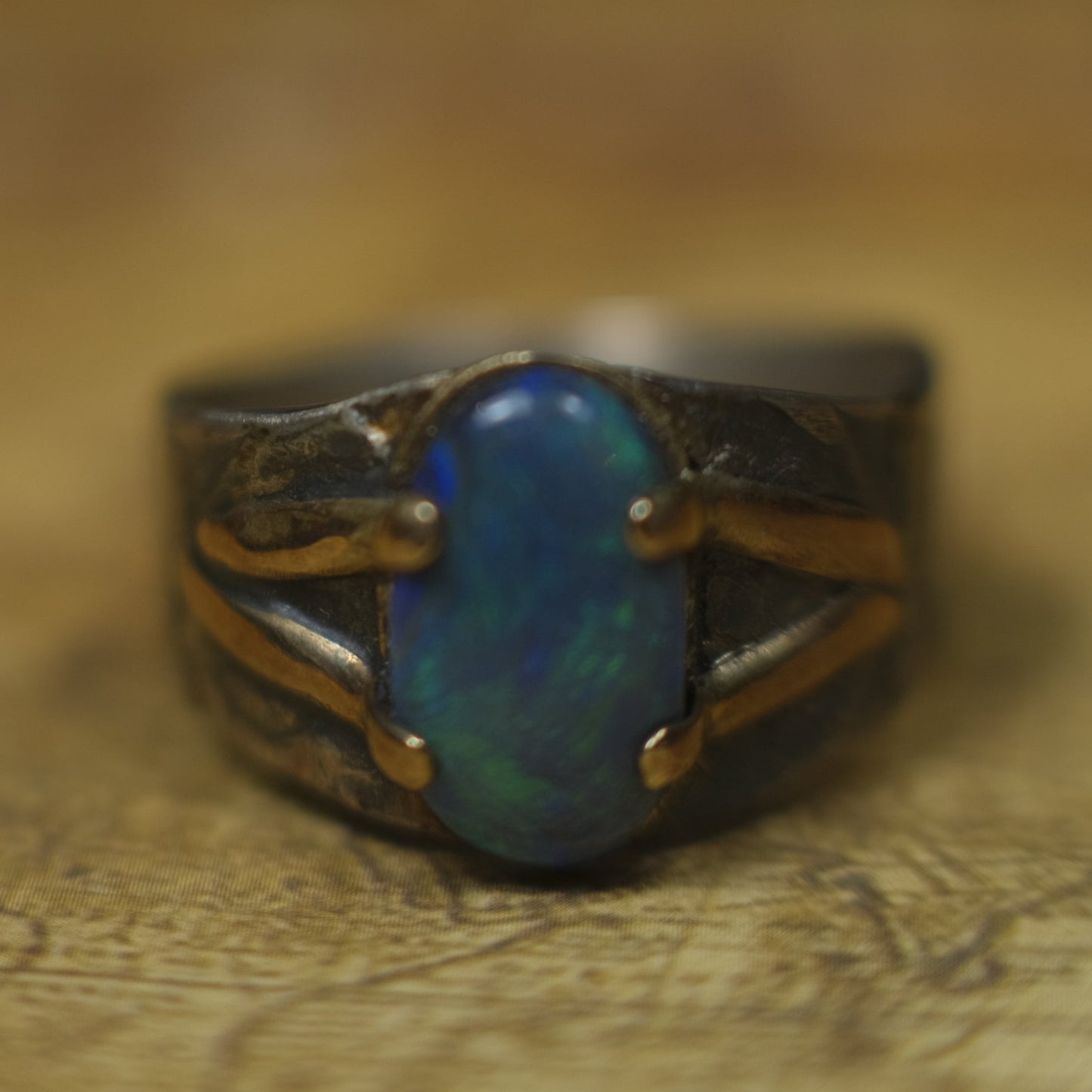Solid Lightning Ridge Opal in Textured Silver Ring with Gold Embellishments ~ Bohemian Pirate Style / Band US Size 9.75