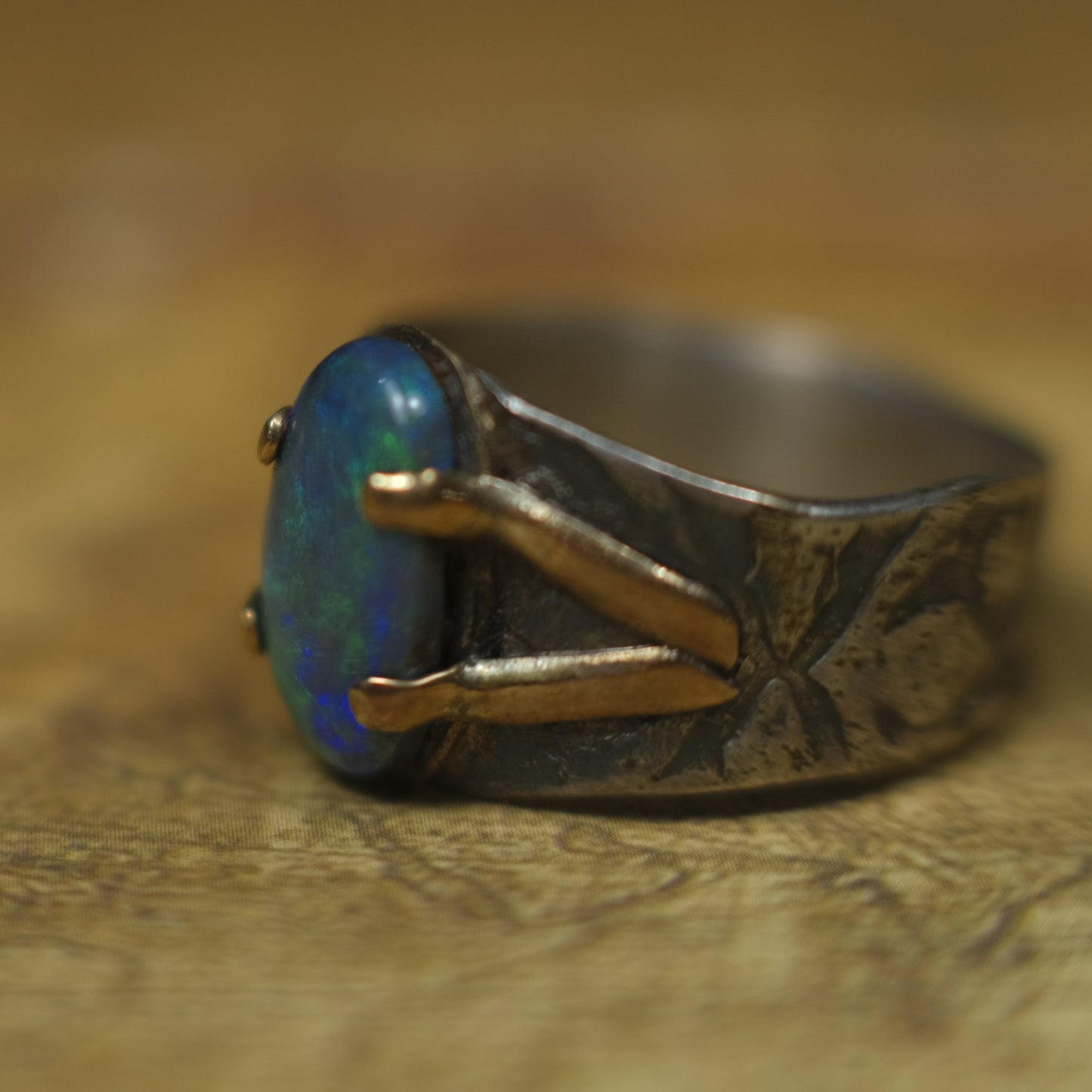 Solid Lightning Ridge Opal in Textured Silver Ring with Gold Embellishments ~ Bohemian Pirate Style / Band US Size 9.75