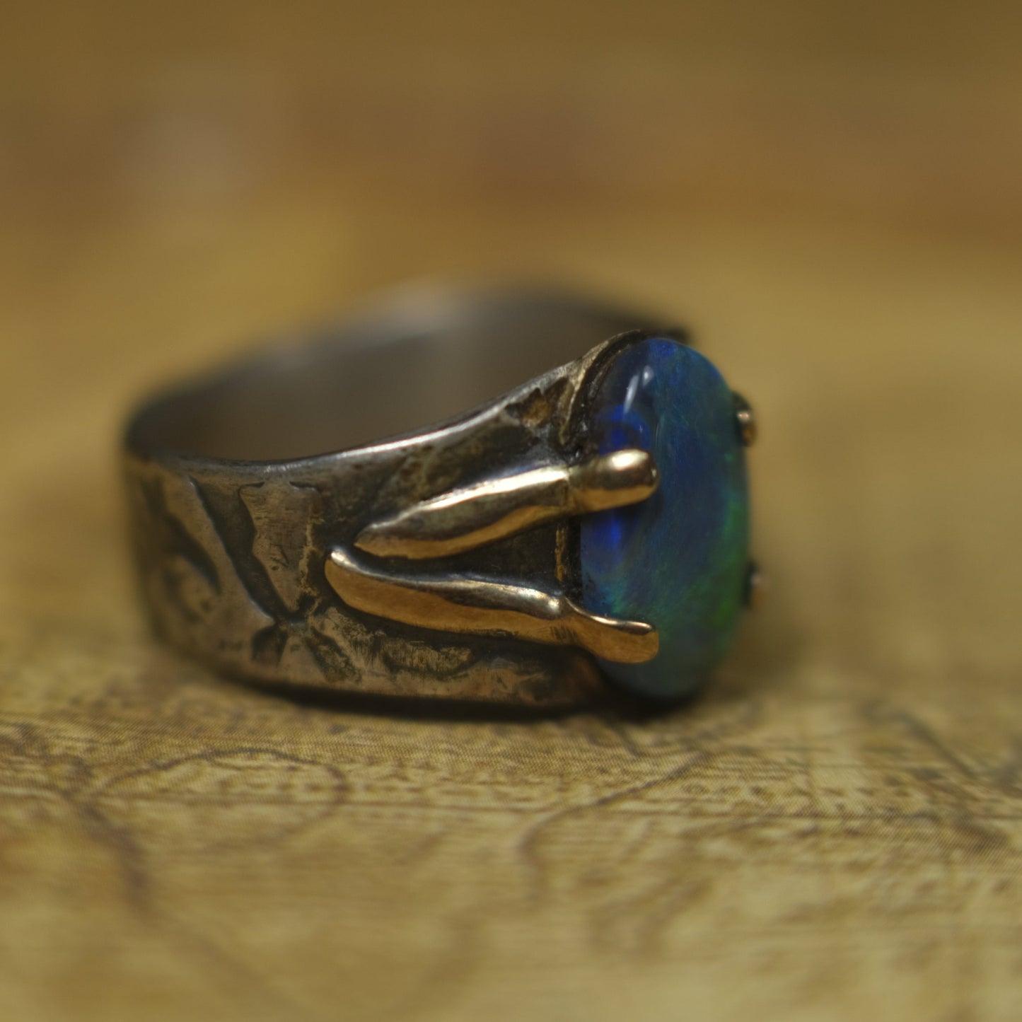 Solid Lightning Ridge Opal in Textured Silver Ring with Gold Embellishments ~ Bohemian Pirate Style / Band US Size 9.75