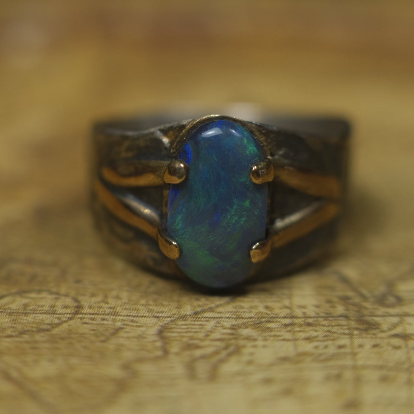 Solid Lightning Ridge Opal in Textured Silver Ring with Gold Embellishments ~ Bohemian Pirate Style / Band US Size 9.75