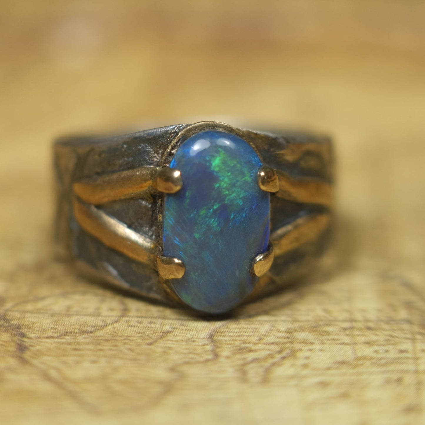 Solid Lightning Ridge Opal in Textured Silver Ring with Gold Embellishments ~ Bohemian Pirate Style / Band US Size 9.75