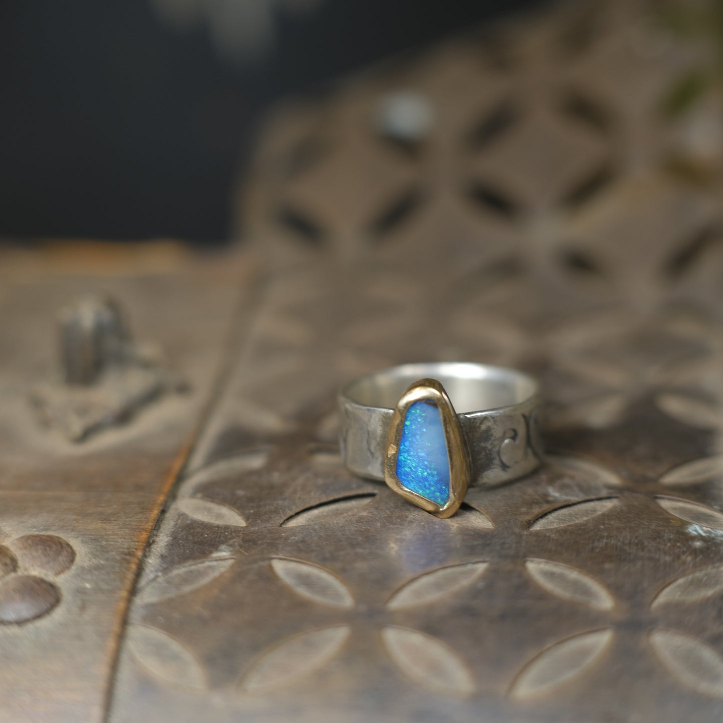 Bold Electric Blue Australian Opal Set in 9 ct Gold on a textured Sterling Silver Ring