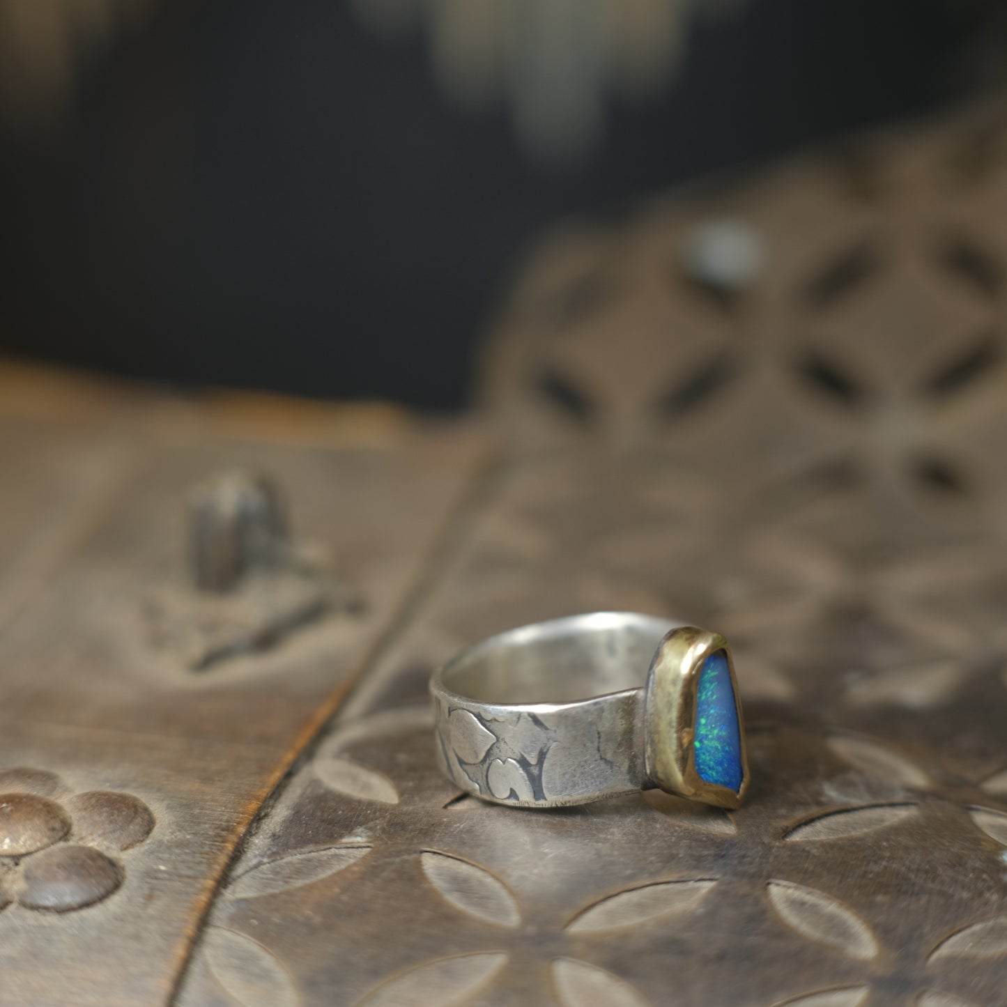Bold Electric Blue Australian Opal Set in 9 ct Gold on a textured Sterling Silver Ring