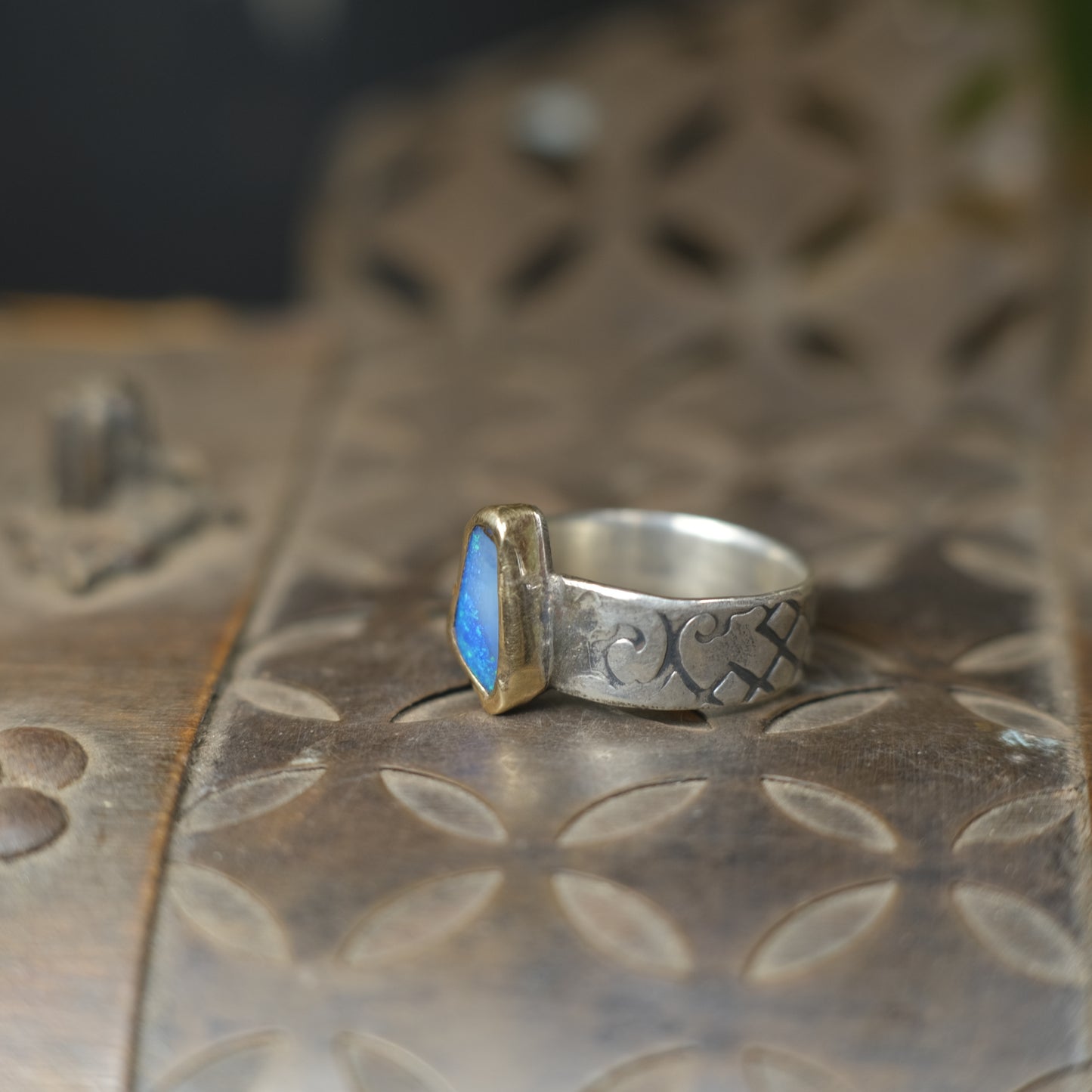 Bold Electric Blue Australian Opal Set in 9 ct Gold on a textured Sterling Silver Ring