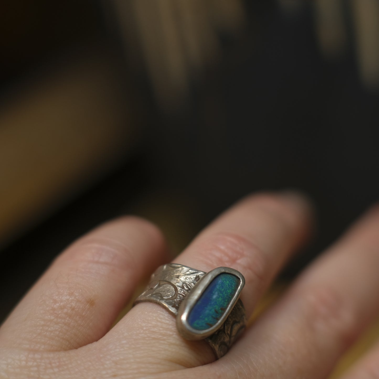 Stunning Blue Australian Opal Set in Pirate Inspired Sterling Silver