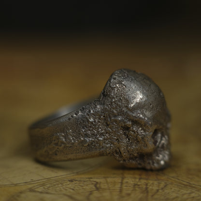Chunky handmade sterling silver skull ring with rugged oxidised finish