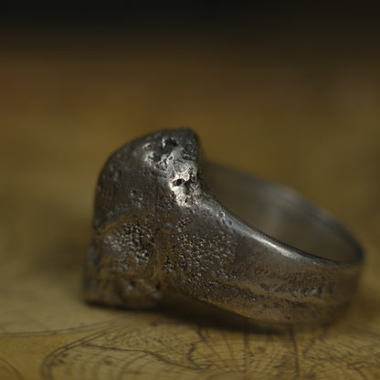 Chunky handmade sterling silver skull ring with rugged oxidised finish