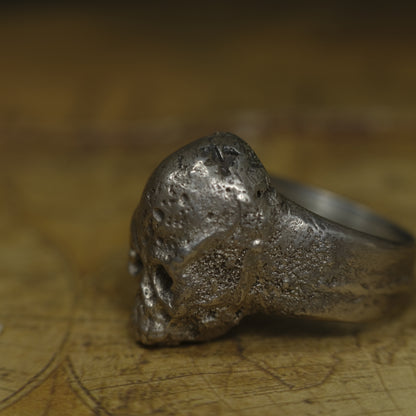 Chunky handmade sterling silver skull ring with rugged oxidised finish