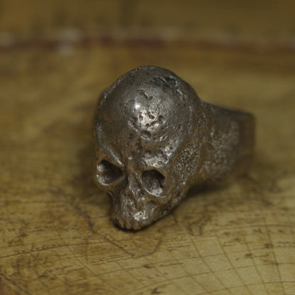 Chunky handmade sterling silver skull ring with rugged oxidised finish