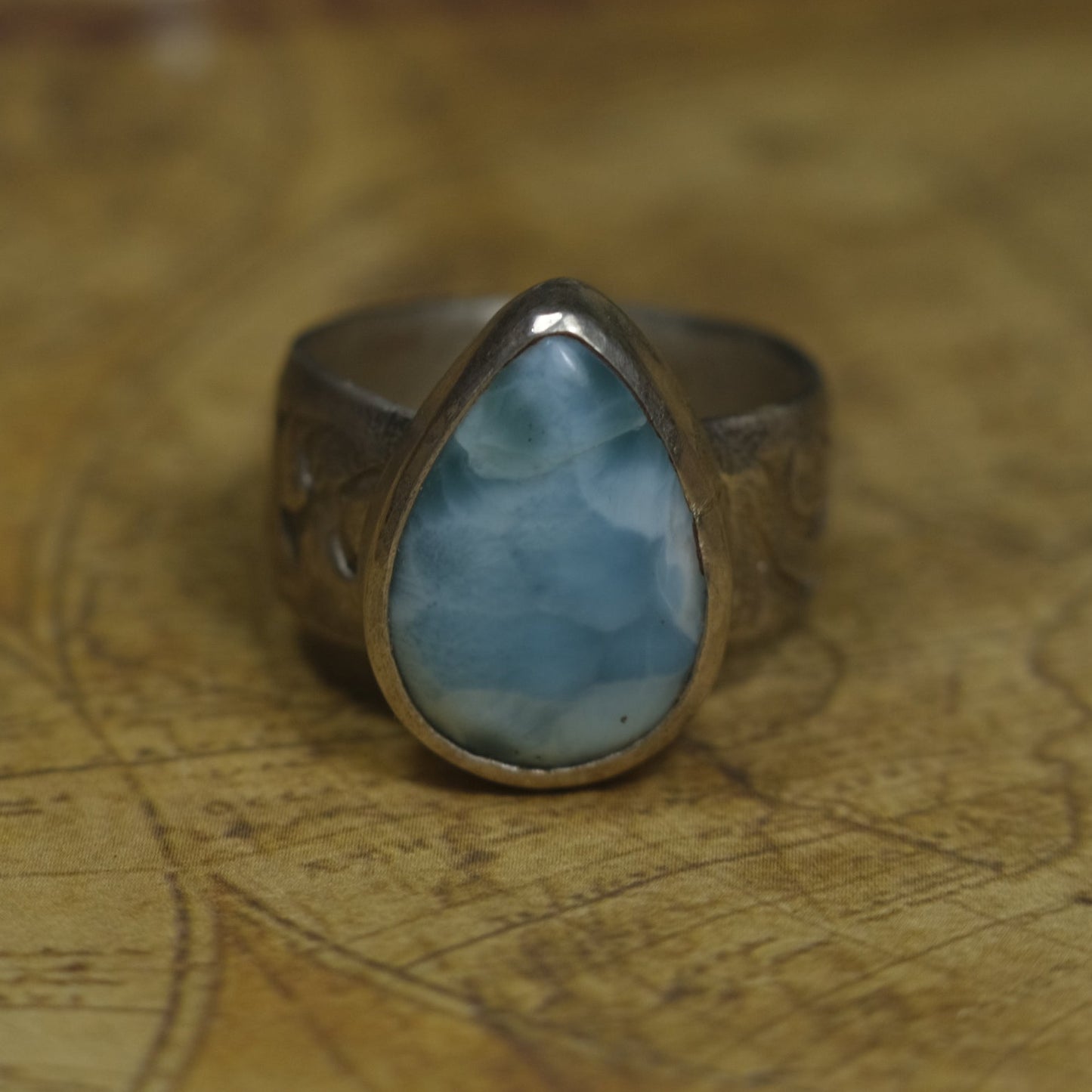 Victorian Era Pirate Inspired Larimar and Silver Ring Size US 7.25