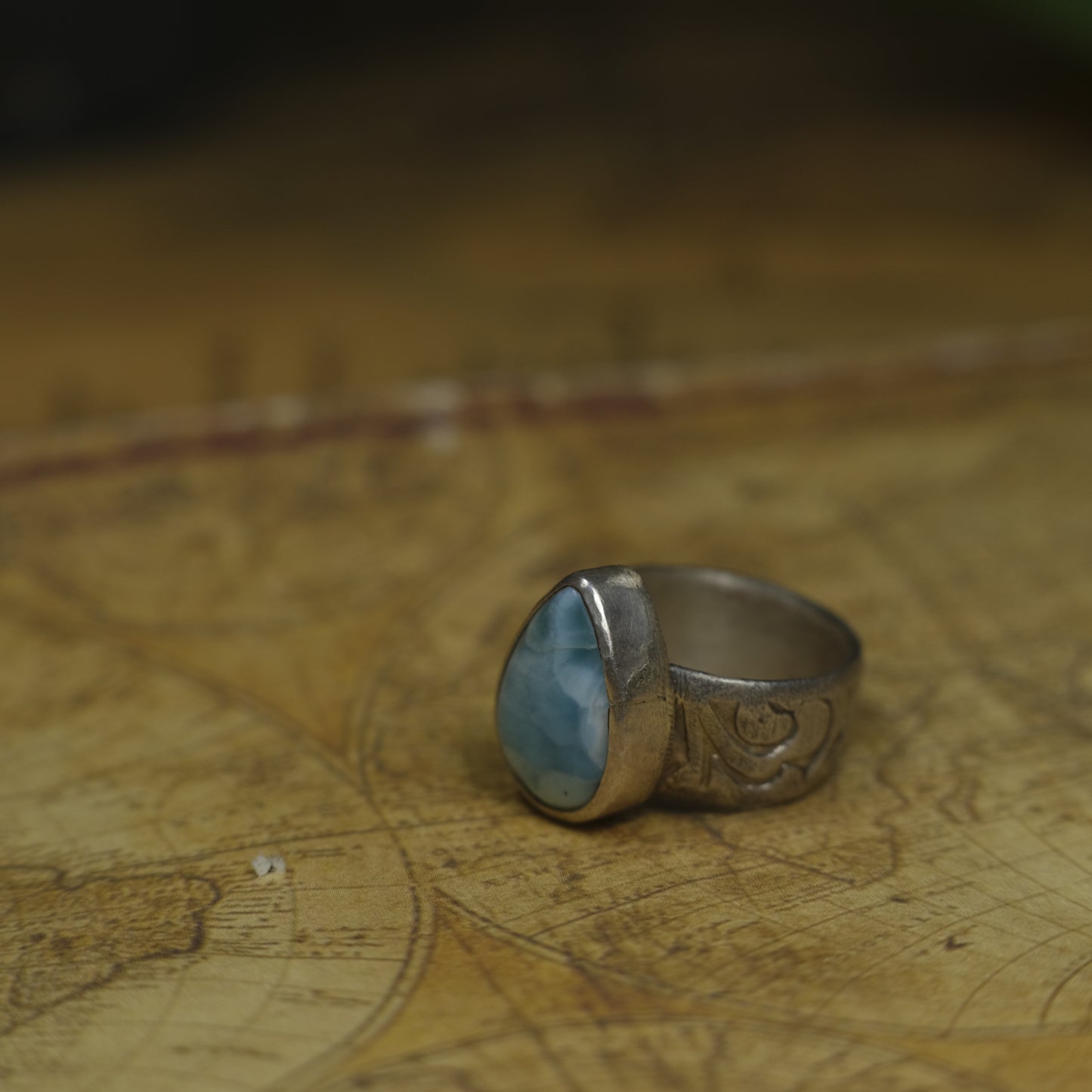 Larimar and Sterling Silver Pirate Inspired Wide Banded Ring Size US 7.25