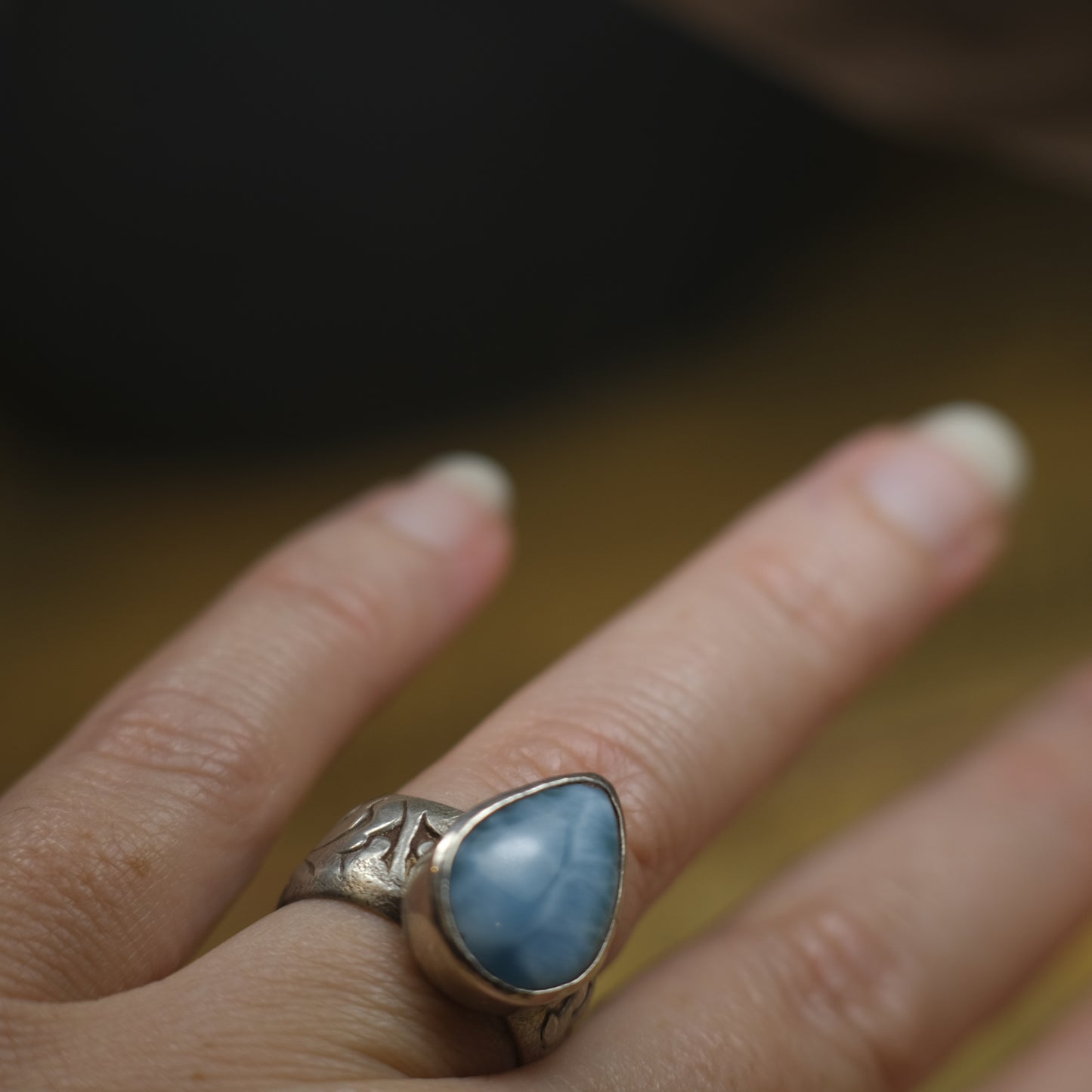Larimar and Sterling Silver Pirate Inspired Wide Banded Ring Size US 7.25