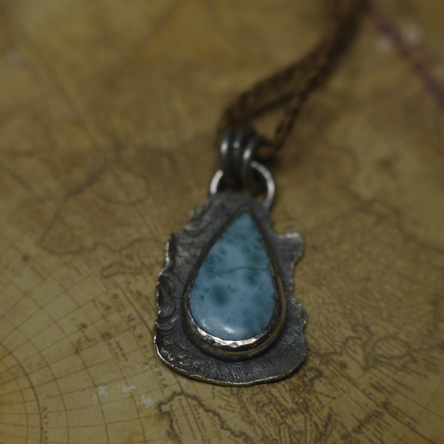 Sterling Silver Larimar Pendant on Braided Adjustable Cord OOAK