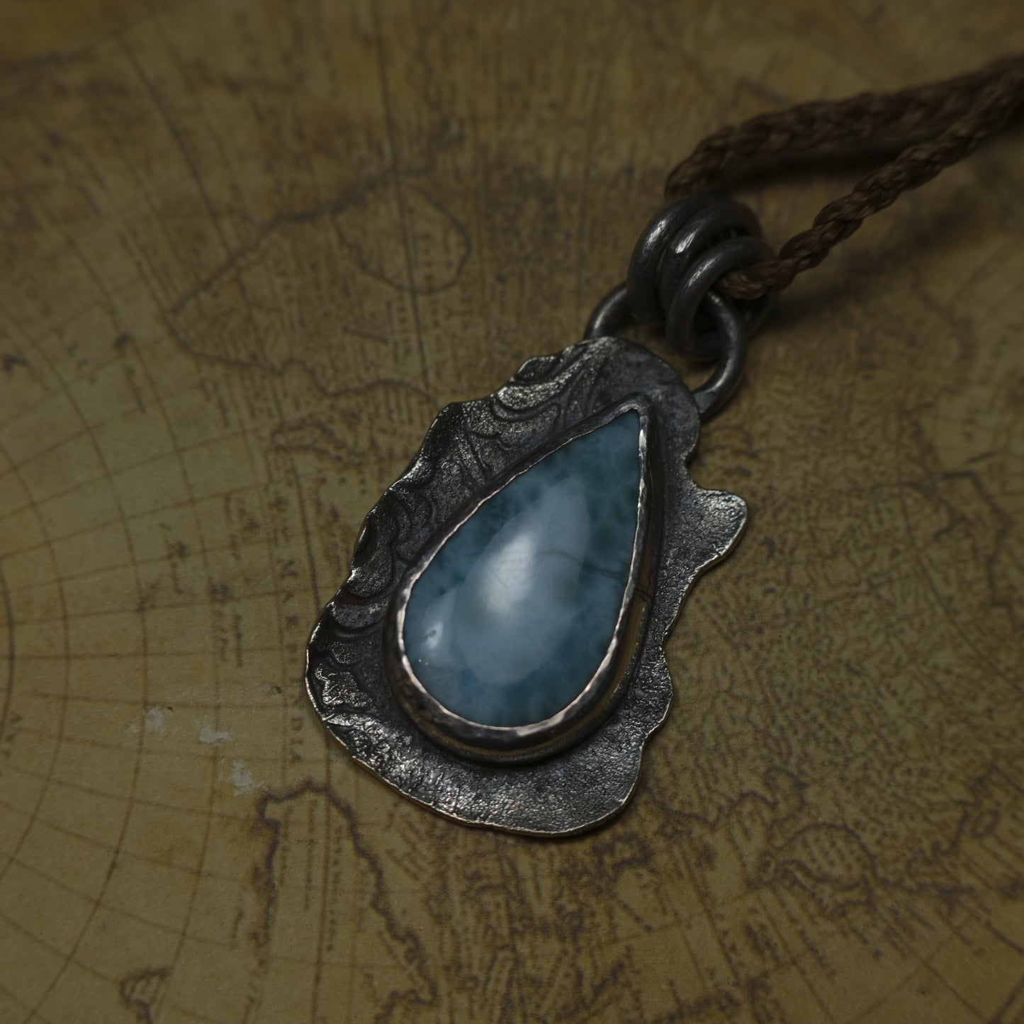 Sterling Silver Larimar Pendant on Braided Adjustable Cord OOAK