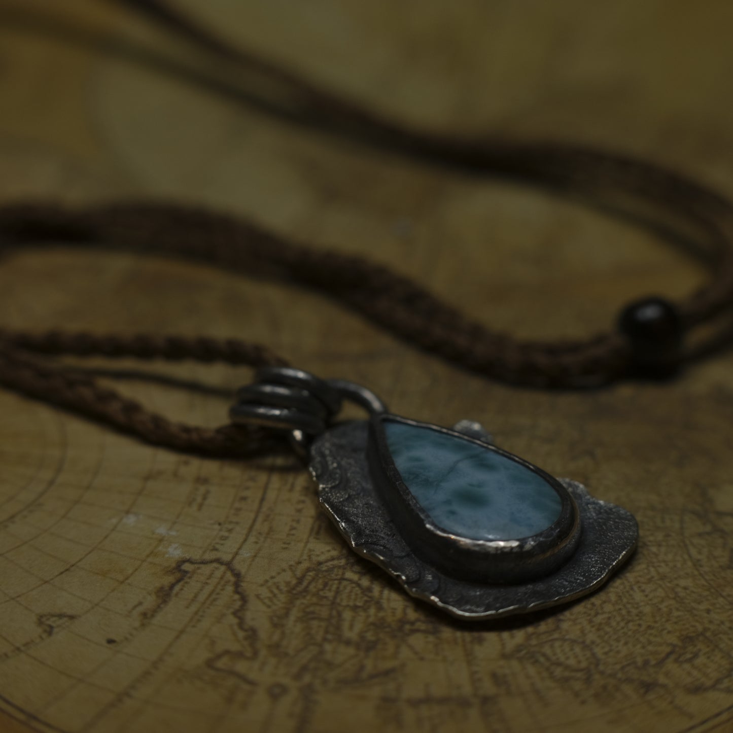 Sterling Silver Larimar Pendant on Braided Adjustable Cord OOAK