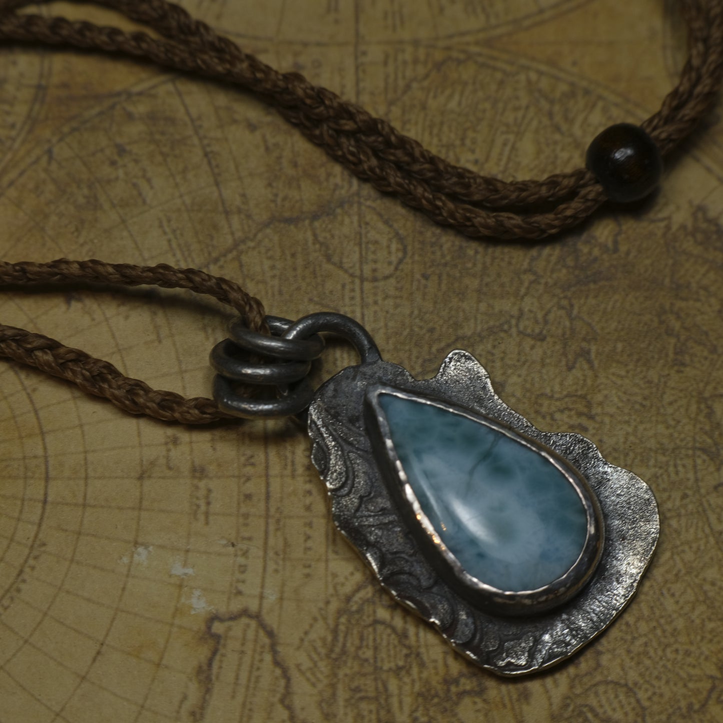 Sterling Silver Larimar Pendant on Braided Adjustable Cord OOAK