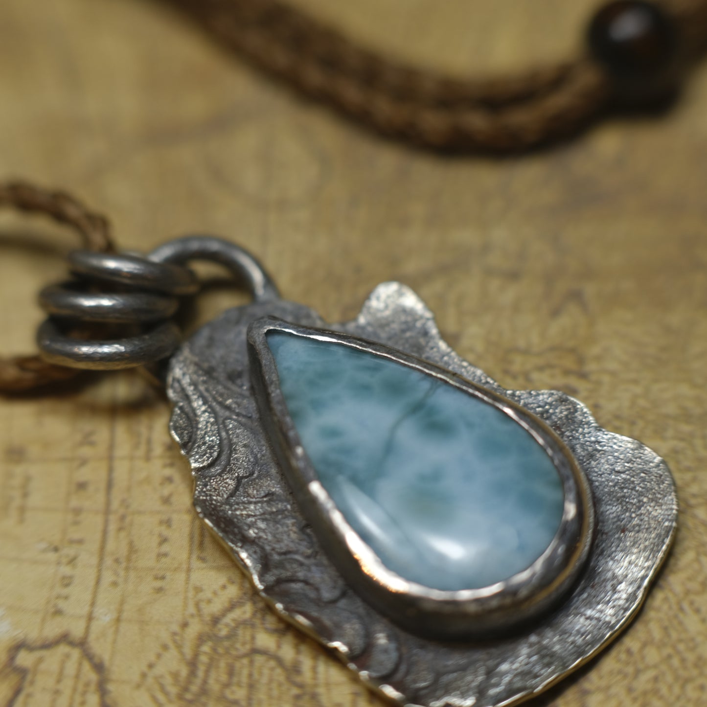 Sterling Silver Larimar Pendant on Braided Adjustable Cord OOAK