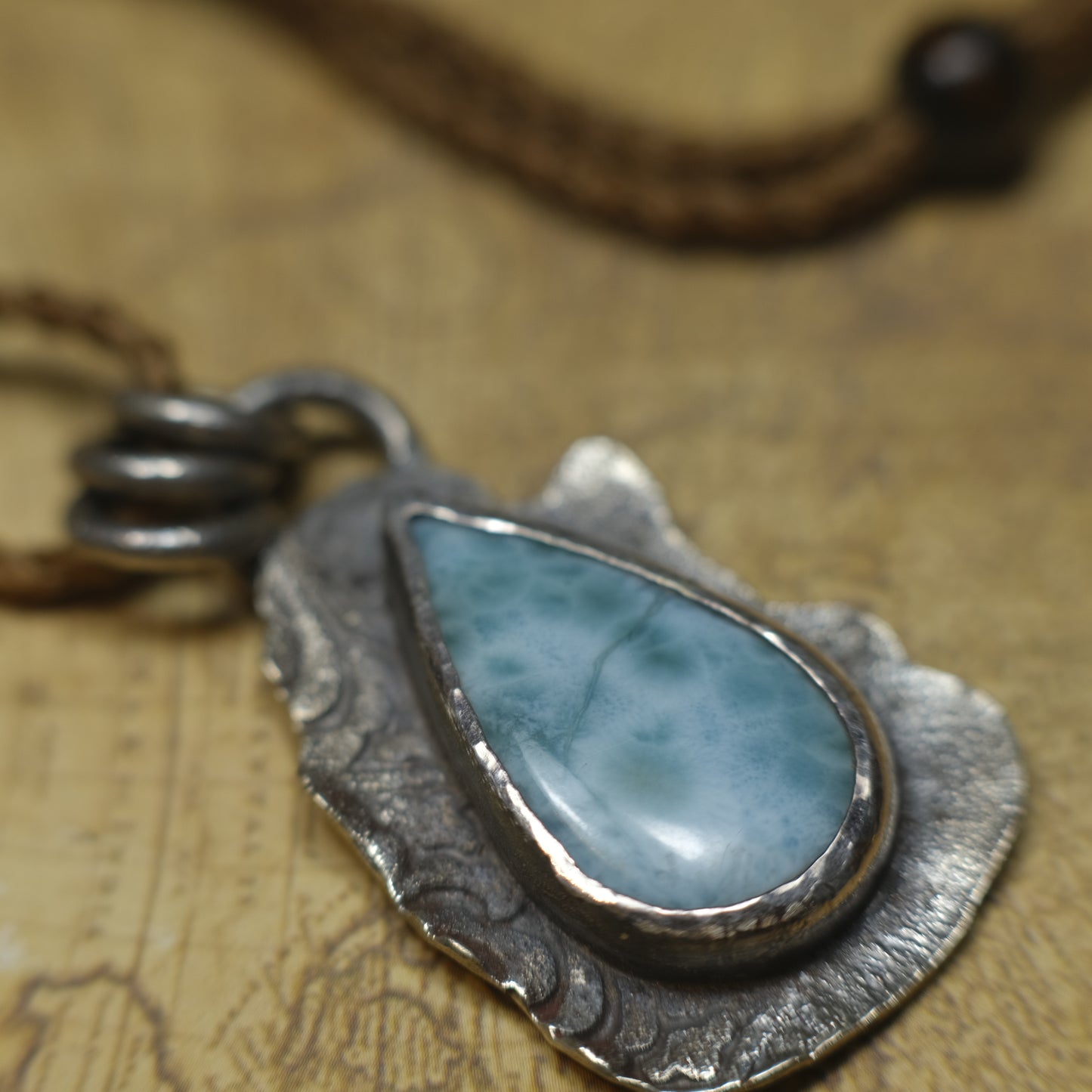 Sterling Silver Larimar Pendant on Braided Adjustable Cord OOAK